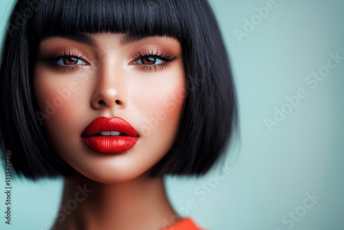 Portrait of woman with short black bob haircut, bold red lips and flawless makeup against pastel background