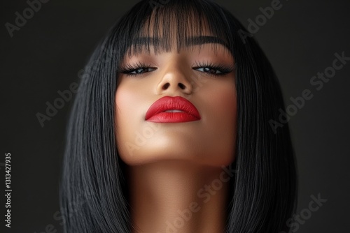 Glamorous woman with dark straight hair and red lips posing against dark background, looking up with confident expression