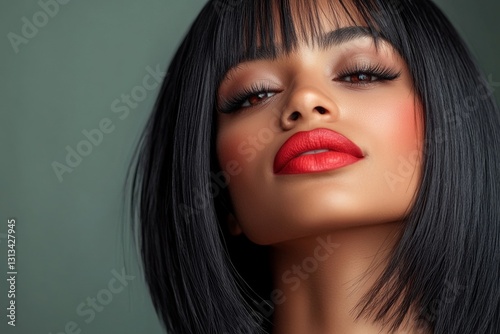 Close-up portrait of a woman with medium skin, bold red lips, and black bob hairstyle against a neutral background