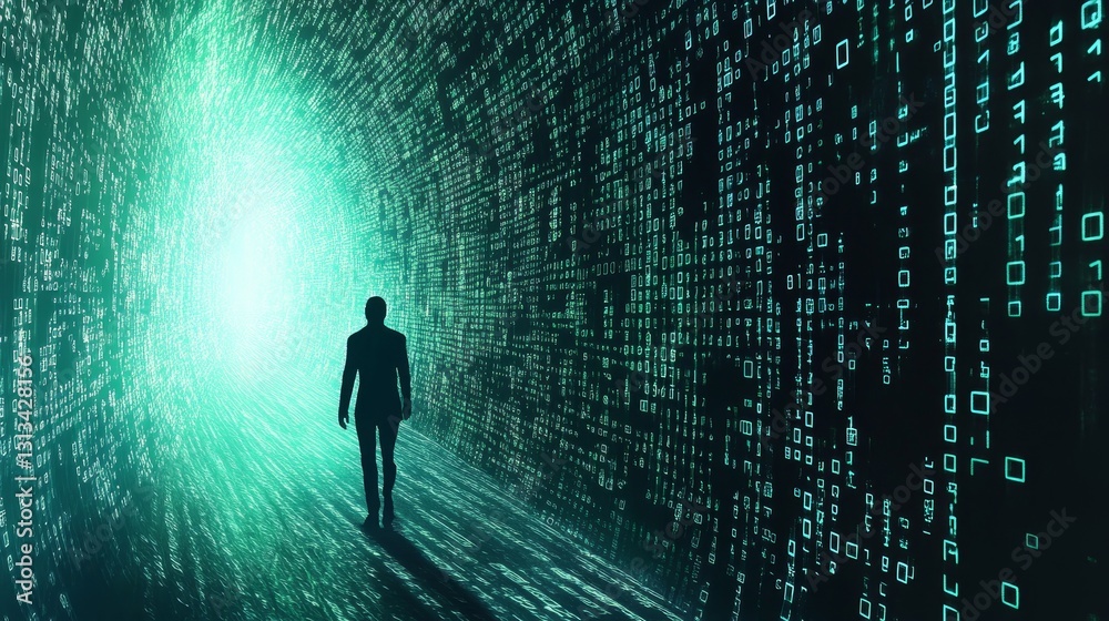 Person Walking Through Digital Binary Tunnel of Light and Data Person Walking Through Digital Binary Tunnel of Light and Data