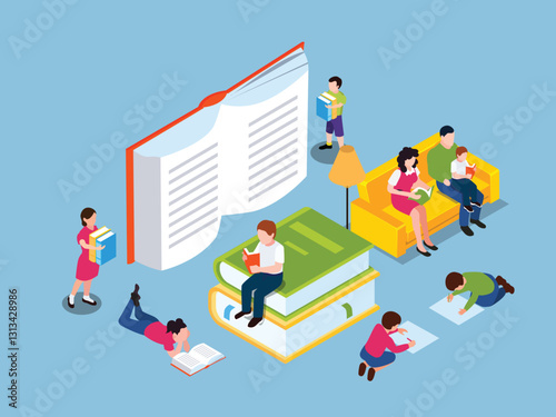 Reading and Learning Concept with Books, Family, and Children 3d flat vector illustrations