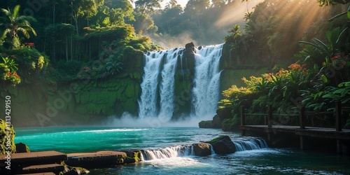 Waterfall Cascading Over Lush Green Volcanic Rocks in Bali, Indonesia