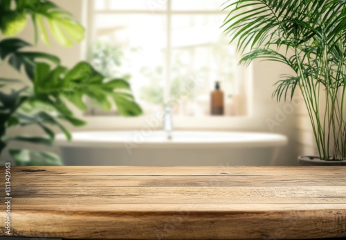 Cozy bathroom interior with a wooden tabletop and a blurred background featuring plants and a bathtub  creating a serene atmosphere for relaxation