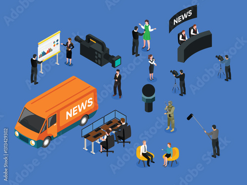 News Media and Broadcasting Process 3d flat vector illustrations
