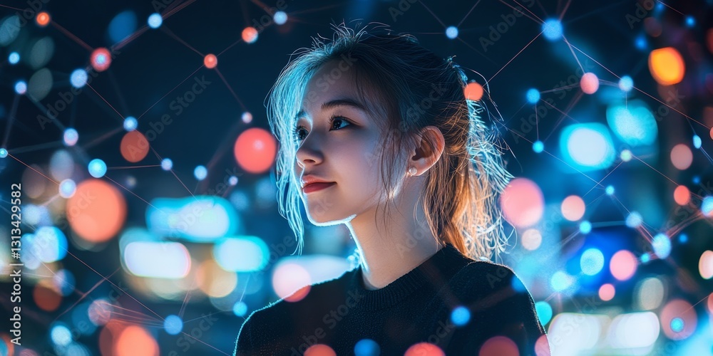 Φωτογραφία A woman is looking at the camera in a cityscape with a lot of lights
