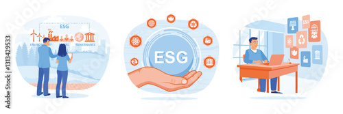  entrepreneurs analyze sustainable economic growth. Hand-holding ESG icon. data. ESG concept.