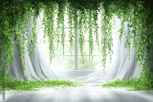 A serene indoor space adorned with cascading green vines, creating a tranquil atmosphere illuminated by natural light through a large window.