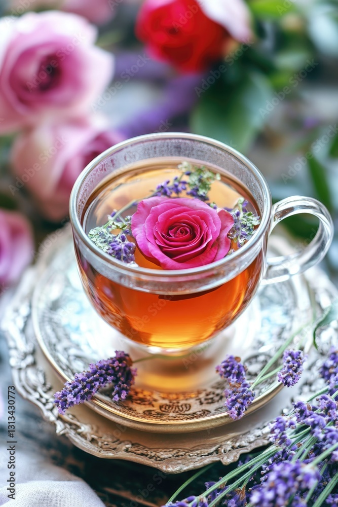 A teacup with a rose floating on top, surrounded by lavender and a small cluster of roses, suggesting a special or romantic occasion. The tea cup is sitting on an elegant serving tray. A teacup with a rose floating on top, surrounded by lavender and a small cluster of roses, suggesting a special or romantic occasion. The tea cup is sitting on an elegant serving tray.