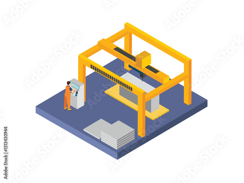 Industrial CNC Machine with Operator in Manufacturing Facility 2d flat vector illustrations