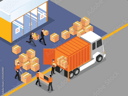 Warehouse Logistics and Business Evacuation Scene with Workers and Packages 2d flat vector illustrations