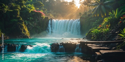 Waterfall Cascading Over Lush Green Volcanic Rocks in Bali, Indonesia