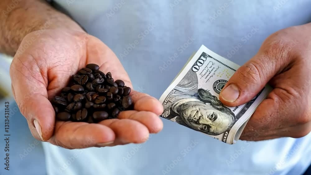 close-up of men's hands holding dollar bills and coffee beans, the concept of price increase