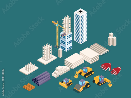 Construction Site with Buildings, Machinery, and Materials 3d flat vector illustrations