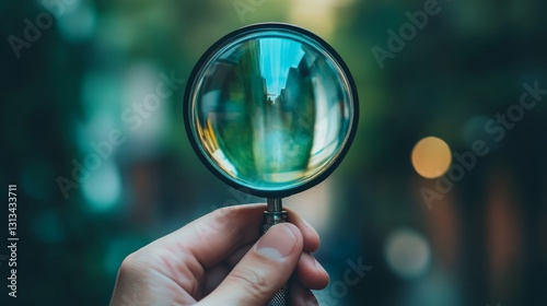 A hand holding a magnifying glass with a blurry background
