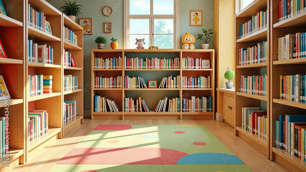 A library for kids with many bookshelves and a clock on the wall. There is a window in the room A library for kids with many bookshelves and a clock on the wall. There is a window in the room