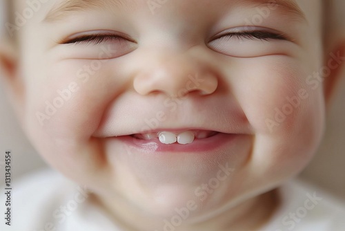 A baby is smiling and has a tooth missing photo