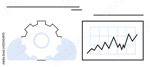 Gear with cloud and upward trendline on graph suggest operations, strategy, analysis, and improvement. Ideal for business, data, workflow, innovation technology success performance. Flat simple