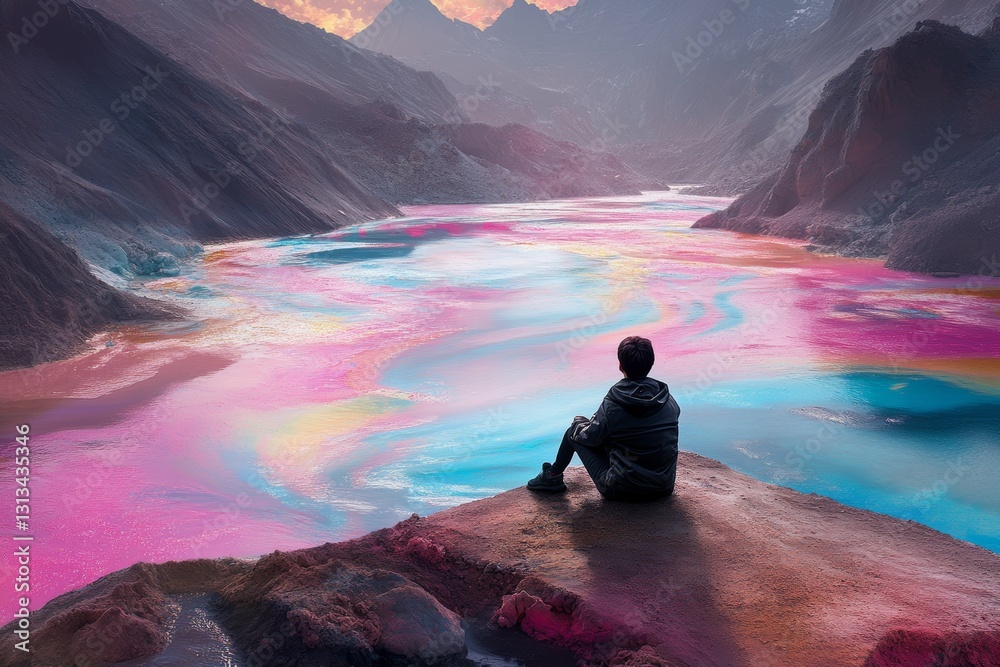 Obraz premium A man sits on a rock overlooking a river with a rainbow in the water