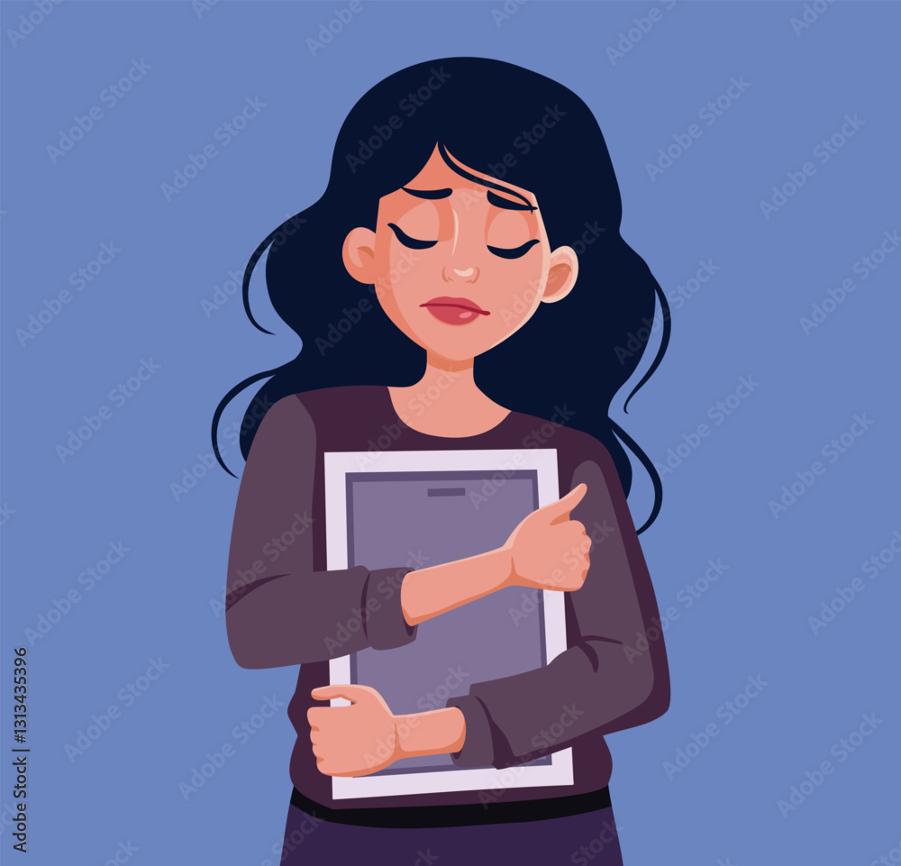 Sad Woman Grieving Holding a Photo Frame Vector Cartoon Illustration. Stressed anxious lady being in a depressed state longing a loved one Sad Woman Grieving Holding a Photo Frame Vector Cartoon Illustration. Stressed anxious lady being in a depressed state longing a loved one