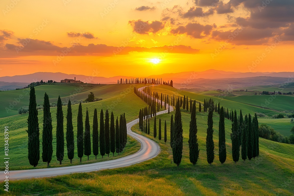 Obraz premium Scenic landscape in Tuscany with winding road and cypress trees at sunset