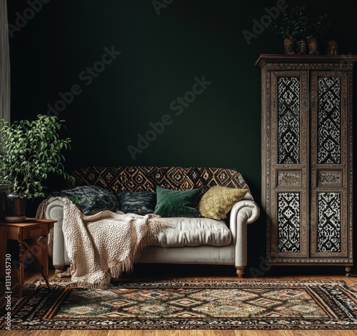 Dark Green Living Room with Ethnic Sofa photo