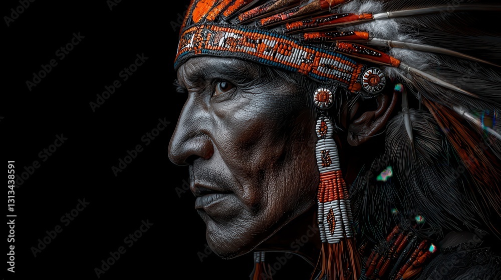 Obraz premium Native American Man in Profile with Ornate Headdress