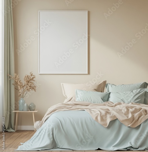 Beige Bedroom Mockup with Blank Art Print