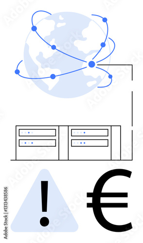 Earth connected through nodes, linked to servers. Features warning triangle, euro sign. Ideal for connectivity, data storage, costs, risk finance ICT network. Flat simple metaphor