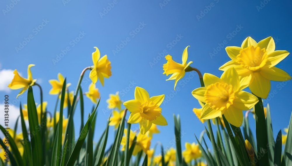 Vibrant yellow daffodils bloom against a cloudless spring blue sky, color, flowers Vibrant yellow daffodils bloom against a cloudless spring blue sky, color, flowers