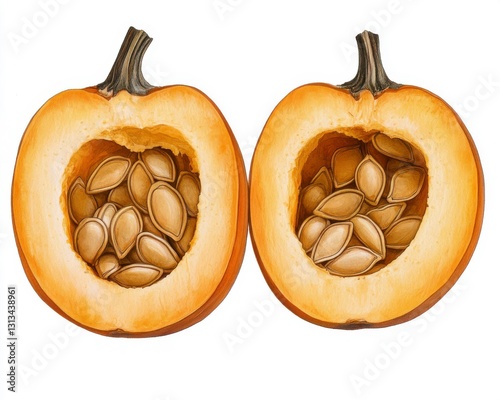 Two Halves of a Pumpkin Revealing Seeds in Detailed Illustration