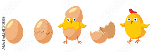 Happy Little Chick Hatching an Egg Vector Cartoon Illustration. Cheerful yellow chicken emerging from fresh eggs 
