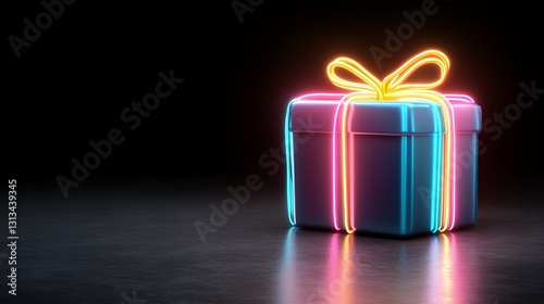 Neon Blue Gift Box with Pink and Orange Ribbon on Dark Reflective Surface