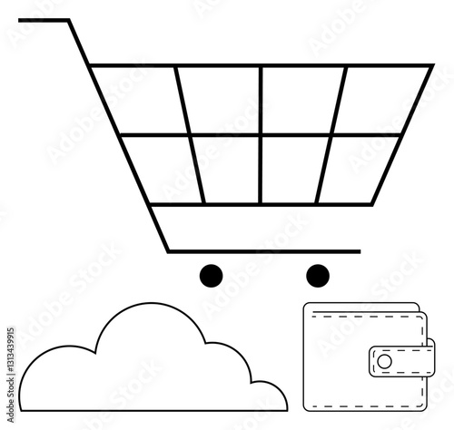 Shopping cart, wallet, and cloud symbolizing e-commerce, digital payment, online shopping. Ideal for retail, finance, technology cloud storage business innovation consumer trends. Flat simple