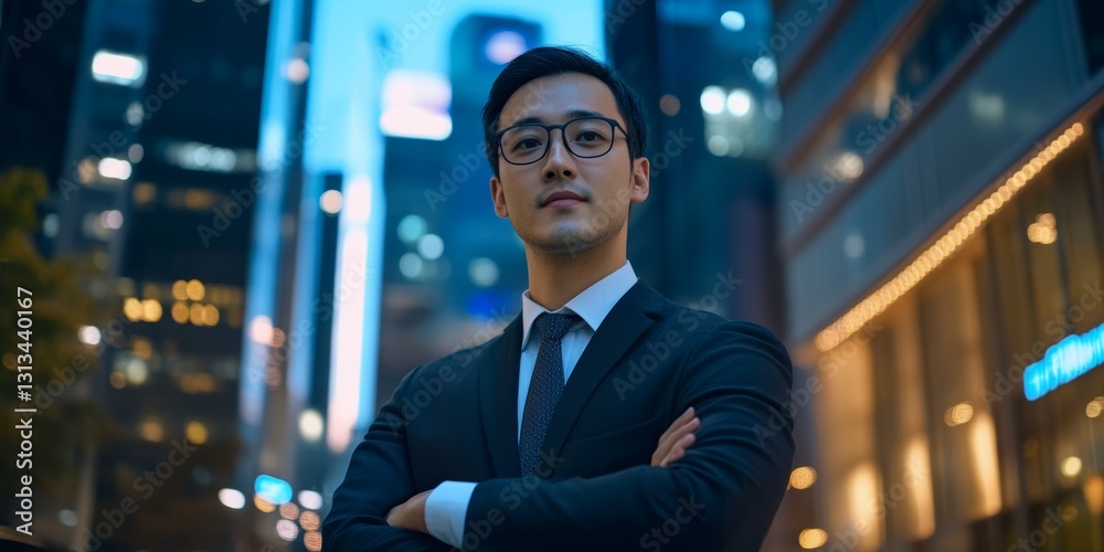 Confident Businessman in Urban Setting at Night with City Lights Confident Businessman in Urban Setting at Night with City Lights