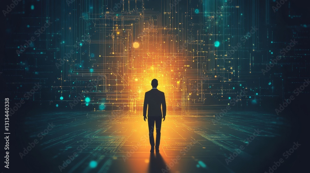 Silhouette of a Person Against a Digital Abstract Background Silhouette of a Person Against a Digital Abstract Background
