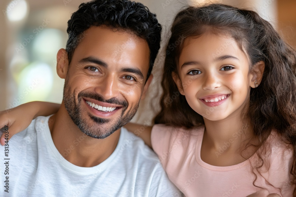 Hispanic father and daughter smiling and embracing at home Hispanic father and daughter smiling and embracing at home