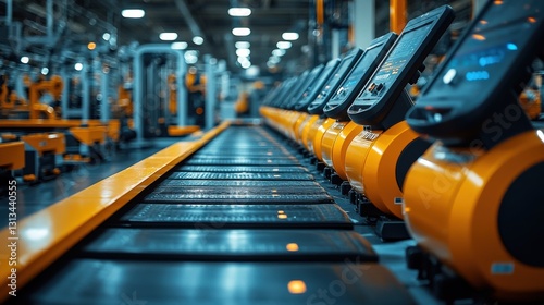 Modern gym interior showcasing a row of advanced fitness equipment in a well-lit space photo