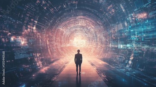Man Standing in Futuristic Tunnel with Digital Matrix Background