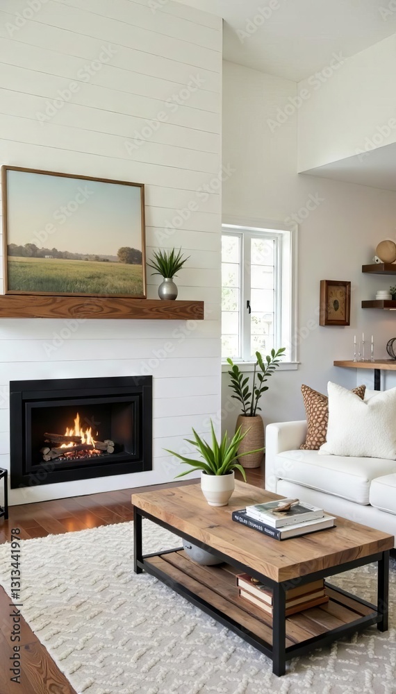 Fototapeta premium Modern farmhouse living room, white shiplap, fireplace, open kitchen, interior design, style