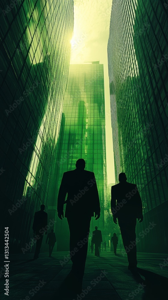 Φωτογραφία A group of men walking down a city street in a green cityscape