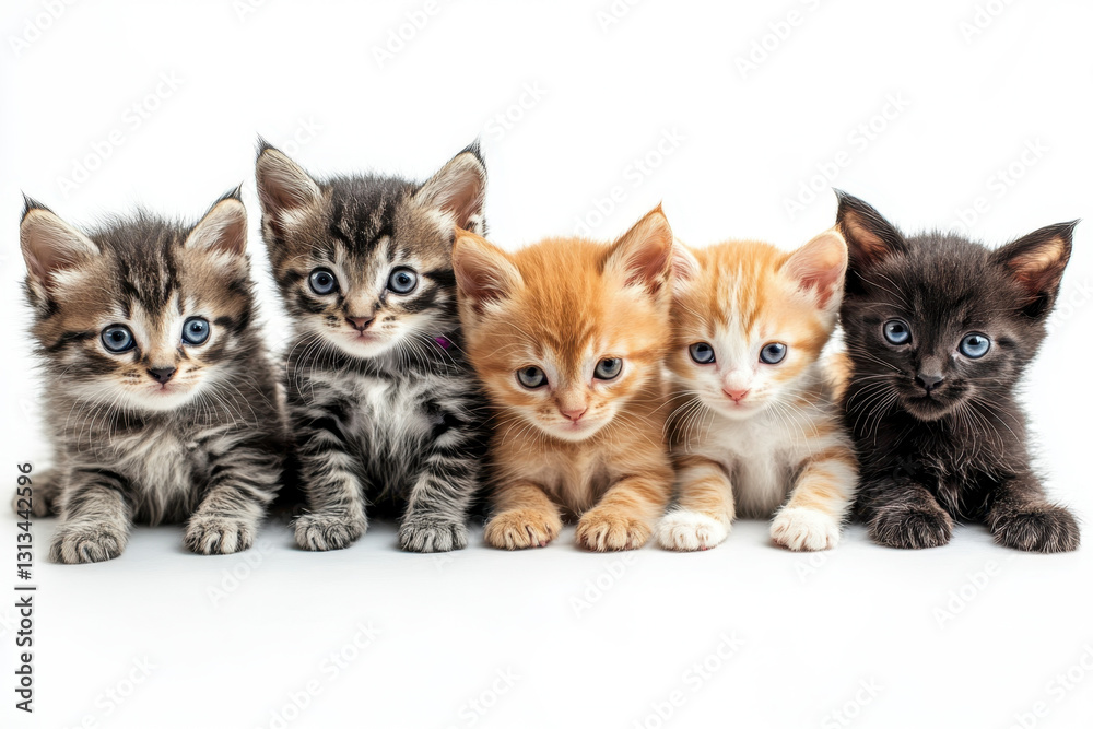 Five kittens sitting in a row, each looking off in a different direction. Cute, fluffy fur and curious expressions. Bright room with toys scattered around. Five kittens sitting in a row, each looking off in a different direction. Cute, fluffy fur and curious expressions. Bright room with toys scattered around.