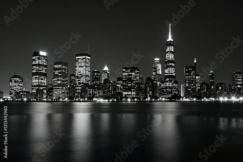 Nighttime Boston skyline, black & white, sharp detail, picture, street