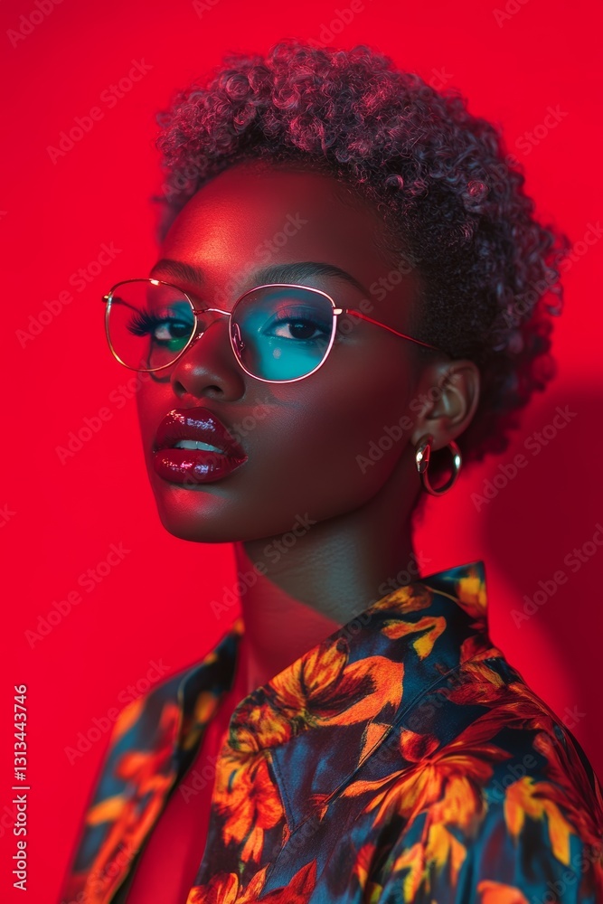Φωτογραφία A woman with a short haircut and glasses is wearing a floral shirt
