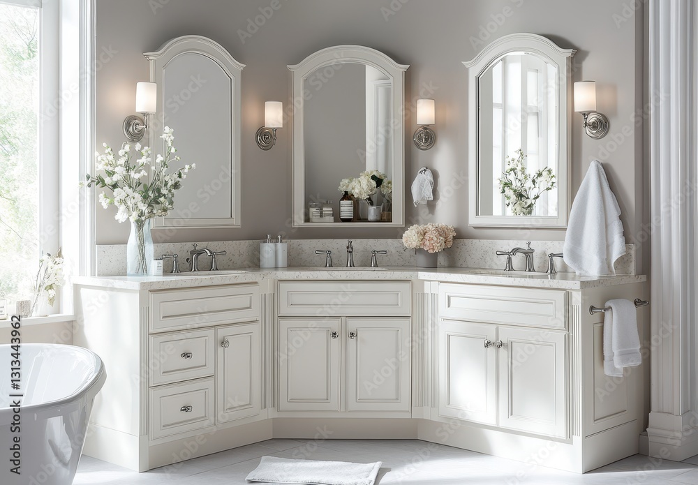 Elegant and Bright Bathroom Design with Corner Vanity, Double Mirrors, White Cabinets, Natural Light, Fresh Flowers, and Modern Fixtures