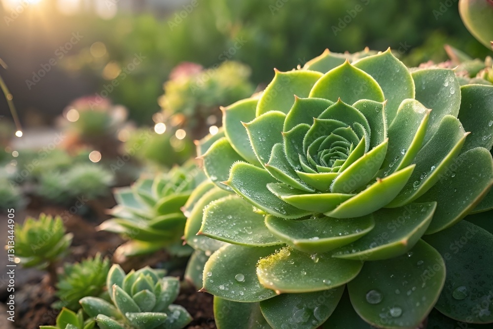 Stunning Macro Shot of a Lush Green Succulent with Dewy Leaves in Soft Sunlight Stunning Macro Shot of a Lush Green Succulent with Dewy Leaves in Soft Sunlight