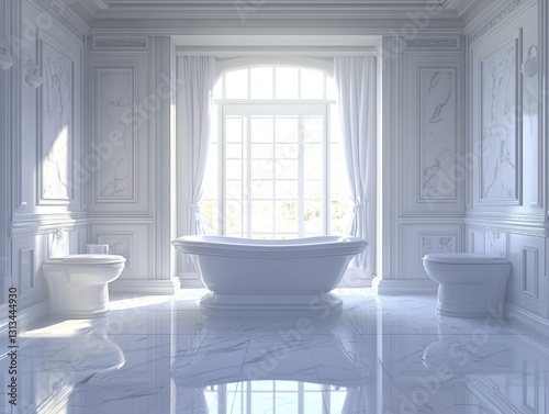 Elegant and Minimalist Bathroom Design Featuring Bathtub  Natural Light  Marble Floor  and Decorative Wall Panels in Soft Color Palette