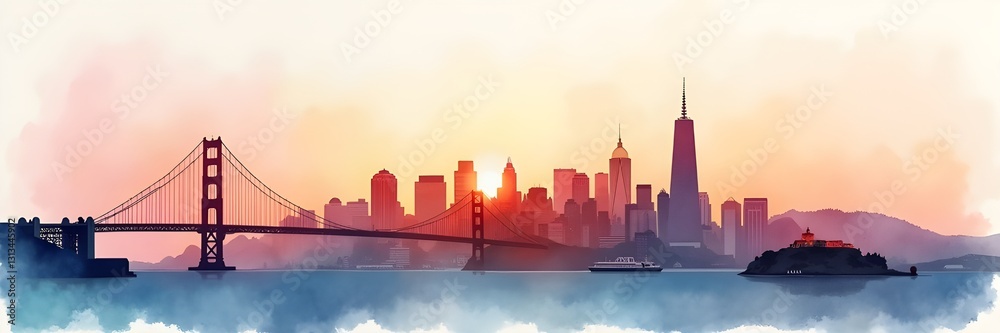Fototapeta premium San Fransico city skyline with monument landmarks Travel USA California Tourism Panaroma Cityscape Urban Architecture watercolor illustration banner