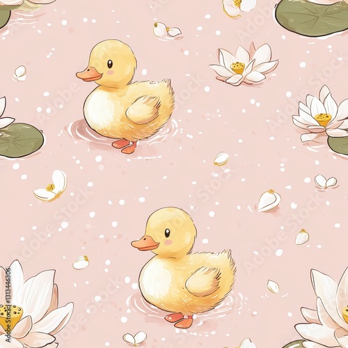 Cute yellow duckling seamless pattern nature graphic design playful whimsical pastel environment