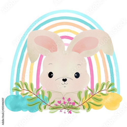 Cute bunny with rainbow, clouds and frorsl decoration.