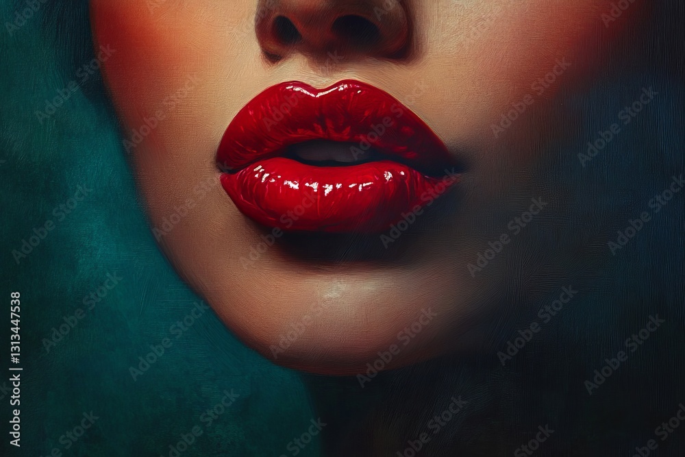 Obraz premium Close-Up of Glossy Red Lips on Mysterious Background